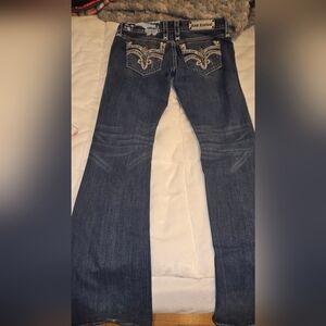 Rock Revival Blue Jeans with Tan Embroidery